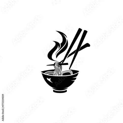 Stylized black and white illustration of a steaming bowl of hot noodles with chopsticks, Asian cuisine concept graphic