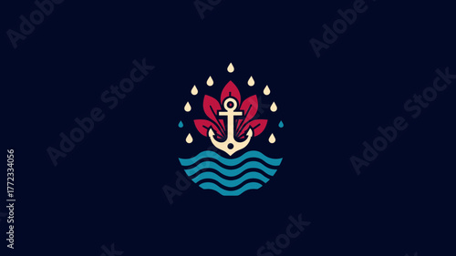 Decorative anchor and lotus flower emblem with blue water waves and droplets. Stylized graphic illustration on dark background.