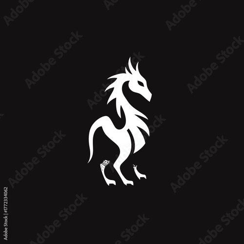 Stylized white mythical creature icon on a black background. Modern minimalist fantasy beast logo or graphic design element. Dragon-like animal silhouette.