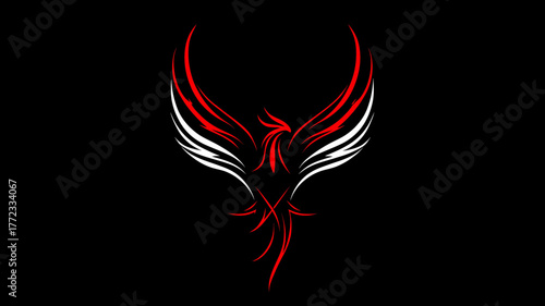 Abstract Phoenix Bird Illustration with Fiery Red and White Wings on Black Background, Symbolizing Rebirth and Power