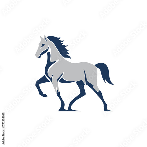 Dynamic stylized horse illustration with elegant two-tone design, majestic prancing equine graphic, powerful animal symbol.