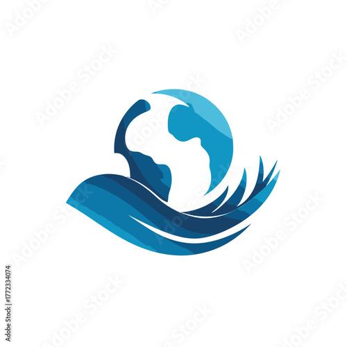Abstract blue globe illustration with supporting hands or waves, representing environmental protection, global care, and sustainability concept.