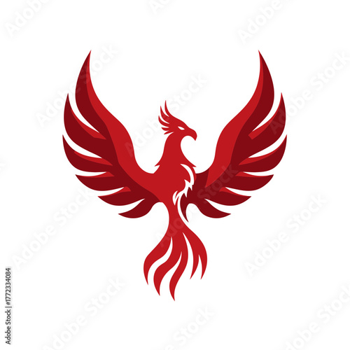 Majestic red phoenix illustration with spread wings, a powerful symbol of rebirth, strength, and triumph. Mythical bird graphic.