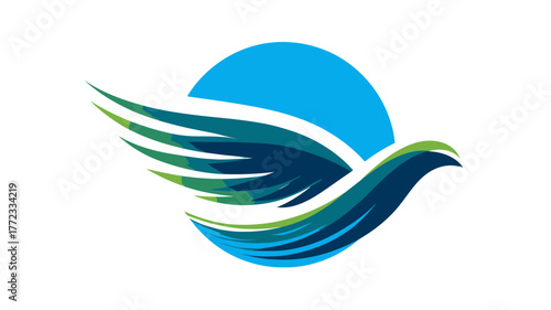 Abstract flying bird logo design with flowing blue and green wings against a partial blue circle, symbolizing freedom and nature.