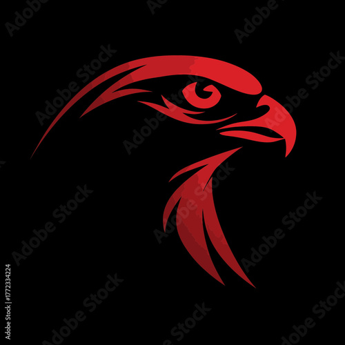 Fierce red hawk head vector illustration. Stylized raptor bird profile on black background, representing power, speed, and agility.