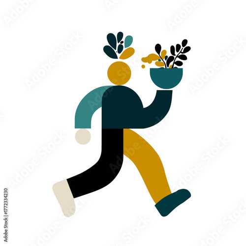 Abstract person carrying a potted plant with sprouting leaves, modern flat design illustration symbolizing nature, growth, and sustainability.