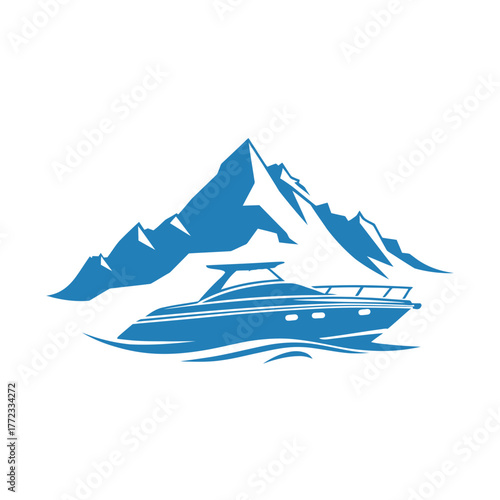 Blue powerboat cruising on water with mountain backdrop vector illustration. Modern leisure vessel design.