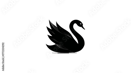 Elegant Black Swan Silhouette Illustration on White Background. Minimalist Vector Graphic Icon of a Graceful Water Bird.