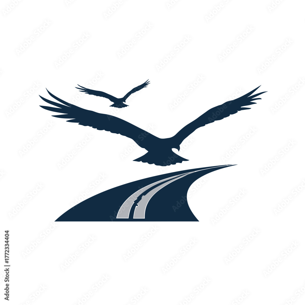 Obraz premium Stylized graphic illustration of two birds flying above a curving road, symbolizing freedom, journey, and path forward.