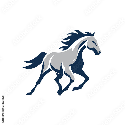 Dynamic galloping horse illustration, sleek and stylized vector in grey and navy blue, symbolizing speed, power, and freedom.