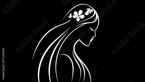 Minimalist line art profile of a graceful woman with flowers in her long hair against a black background. Feminine beauty.