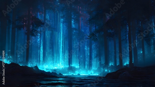 Ethereal blue luminescence illuminates a dense forest clearing at night