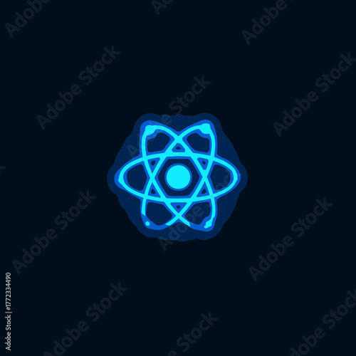 Abstract glowing blue atom symbol with orbiting electrons on a dark background, representing science, technology, and innovation.
