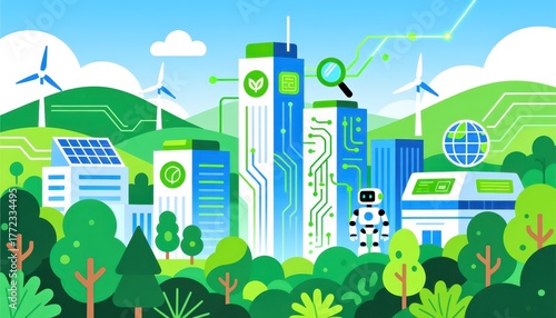 Green city with renewable energy sources and technology for a sustainable future concept