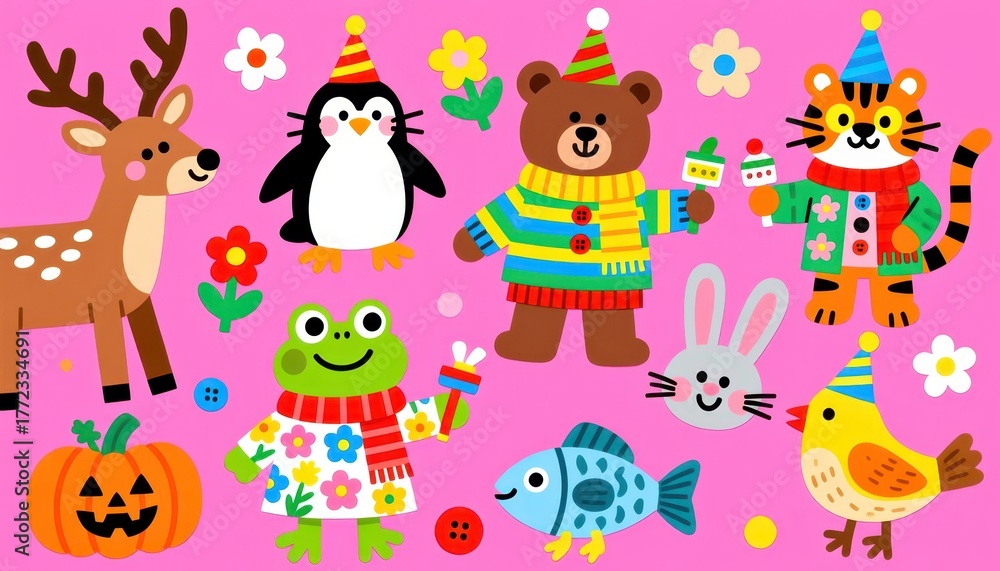Naklejka premium Adorable cartoon animal characters celebrating a birthday party isolated on pink background, featuring a deer, bear, and tiger
