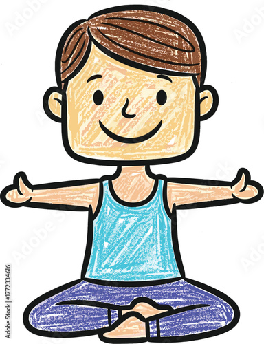 Cartoon Boy Practicing Yoga in Lotus Position for Mindfulness and Wellness, Indoor Illustration Promoting Healthy Lifestyle, Meditation Exercise, and Inner Peace, Colorful Drawing for Children's Educa