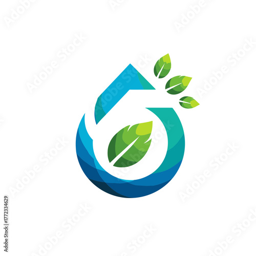Abstract water drop and green leaves logo design for eco-friendly products, nature conservation, sustainable living, and environmental protection