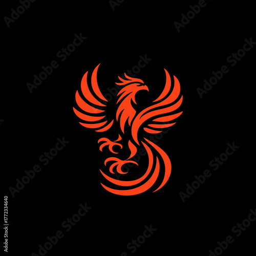 Elegant orange phoenix mythical bird icon, a powerful symbol of rebirth and strength, isolated on a black background.