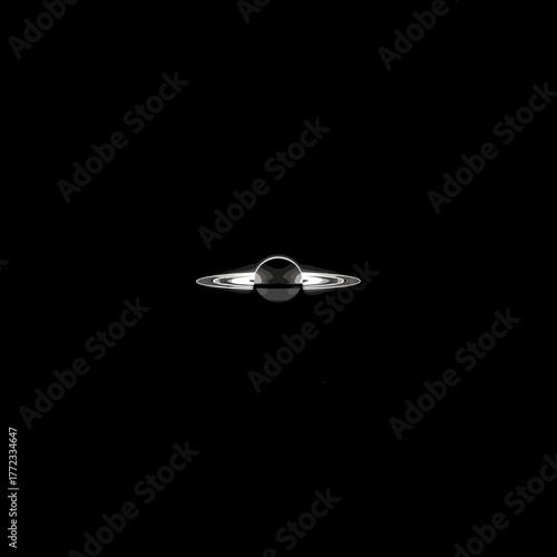 Elegant dark planet with prominent ring system floating in deep cosmic space against a black background, celestial body concept.