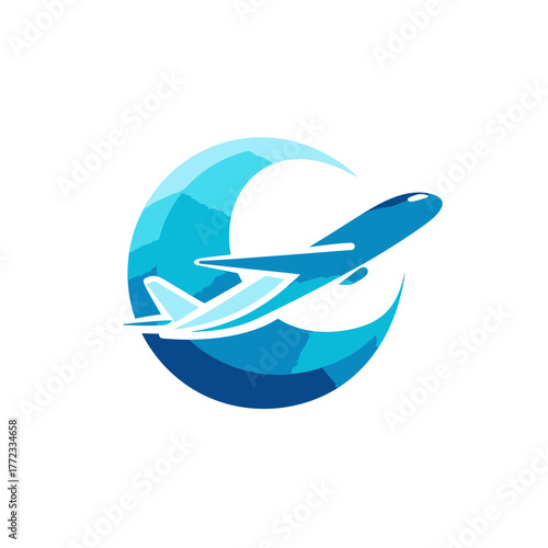 Modern blue airplane taking off over a stylized blue crescent, vector graphic for air travel, transport, and vacation concepts.