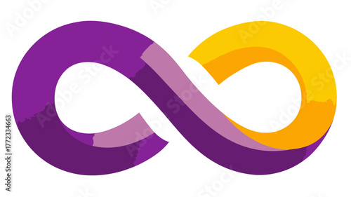 Vibrant purple and yellow infinity symbol, a modern graphic illustration representing endlessness, loop, continuity, and infinite possibilities.