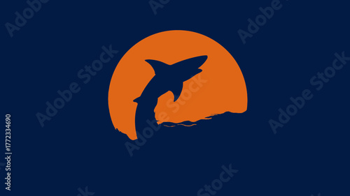 Dynamic shark leaping from ocean waves silhouette against a vibrant orange sun or moon on deep blue. Marine wildlife graphic design.