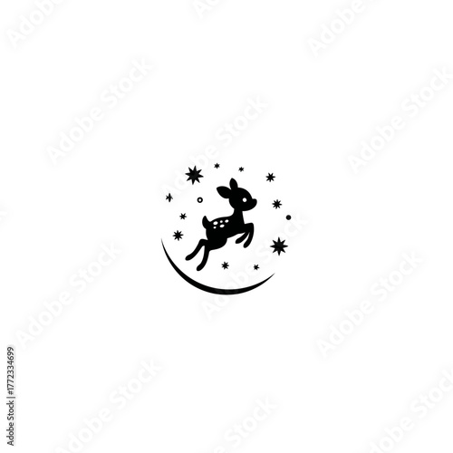 Cute jumping baby deer with stars illustration. Whimsical fawn silhouette design element, celestial magic, children's graphic.