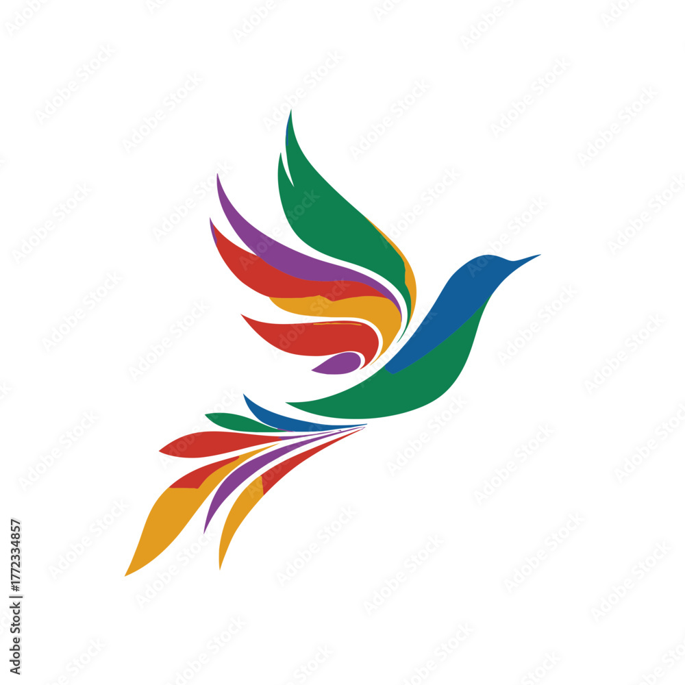 Obraz premium Vibrant Colorful Flying Bird Abstract Logo Icon Vector Illustration, Dynamic Design with Rainbow Gradient Feathers and Graceful Movement