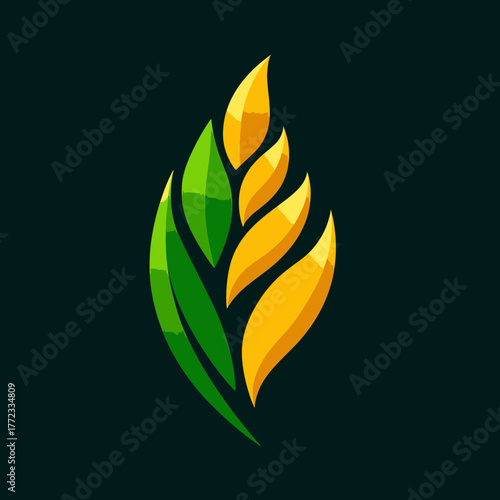 Modern golden wheat grain and green leaf vector graphic. Abstract agricultural plant symbol, growth icon on dark background.