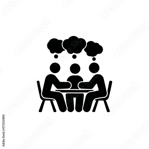 Business meeting icon with three people collaborating, brainstorming ideas, and discussing around a table. Team communication concept.
