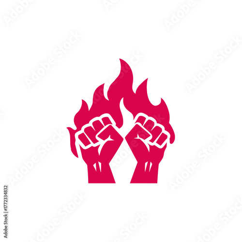 Powerful Red Fists with Flames Graphic Icon. Symbolizing Strength, Protest, Fight, Revolution, and Empowerment.