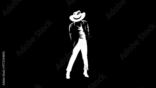 Dynamic monochrome silhouette of a stylish dancer in a fedora hat and jacket, striking an energetic pose against a black background.