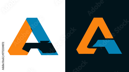 Abstract geometric letter A symbol in blue and orange. Modern alphabet icon, initial, graphic design concept.