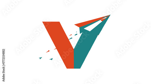 Dynamic abstract letter V with a paper airplane launching, symbolizing swift progress, innovation, communication, and movement