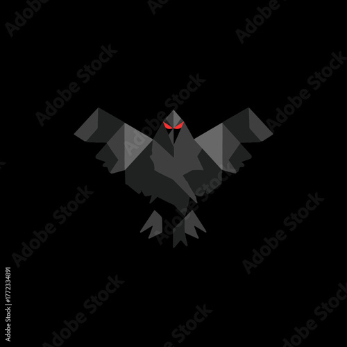 Stylized Geometric Black Raven or Crow with Intense Red Eyes on Dark Background - Modern Abstract Polygonal Bird Illustration