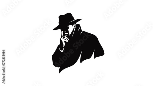 Mysterious silhouette of a man in a fedora hat, evoking detective, secret agent, or film noir themes. Anonymous male figure.