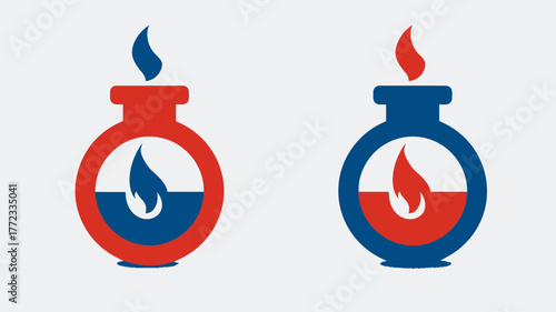 Stylized icons depicting heat and cold concepts with flames over liquid in vessels, illustrating opposing temperatures or balanced elements.