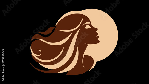Elegant abstract woman profile silhouette with long flowing wavy hair and a subtle light circle, minimalist vector illustration.