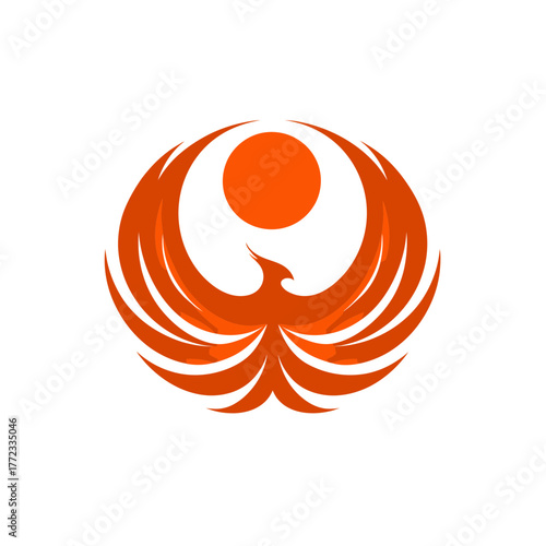 Modern Stylized Abstract Phoenix Bird Logo Design with Sun, Majestic Eagle Symbol in Vibrant Orange and Red Tones Vector Graphic