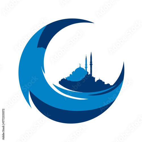 Elegant blue mosque silhouette within a stylized crescent moon graphic, representing Islamic culture and spiritual symbolism.