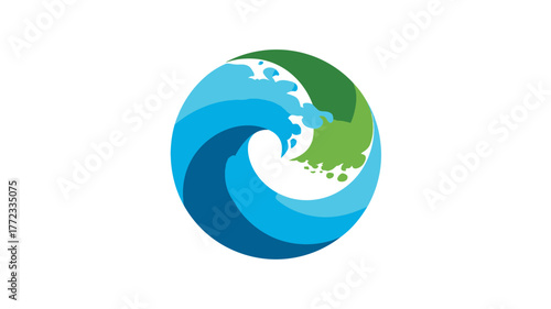 Abstract circular icon featuring a dynamic ocean wave flowing into green land, symbolizing global environment, water, and nature.