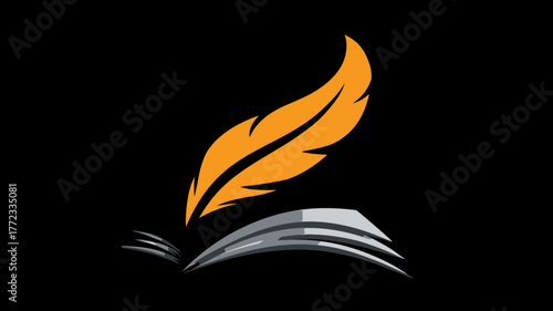 Vibrant orange feather above an open book icon, representing writing, education, literature, storytelling, and creative content.
