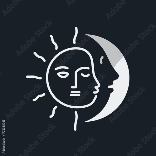Stylized Sun and Moon Faces Logo Design Symbolizing Day and Night Duality, Cosmic Balance, and Celestial Harmony