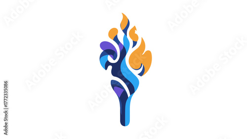 Abstract stylized torch with vibrant blue, purple, and orange flames, representing inspiration, success, and achievement, isolated on white.