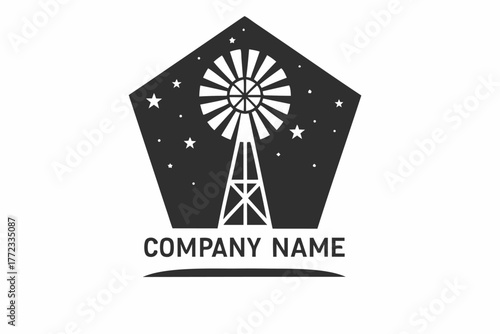 Windmill under starry night inside a dark pentagon for company branding and design