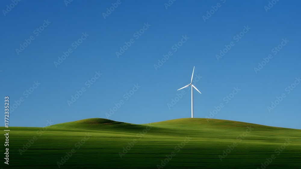 Obraz premium Tall wind turbine stands on a vibrant green rolling hill under a clear blue sky