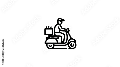 Courier service icon on scooter. Fast food delivery driver moped transportation. Online order distribution and logistics graphic.