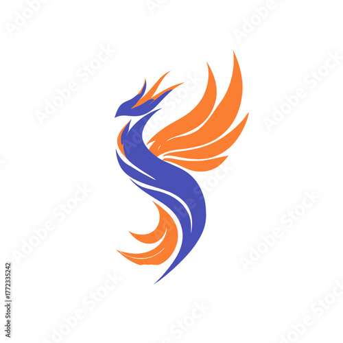 Modern stylized blue and orange phoenix bird logo graphic. Abstract mythical creature emblem design, dynamic illustration vector.
