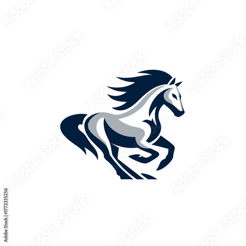Dynamic running horse vector logo illustration, powerful equine silhouette with flowing mane and tail, speed concept.