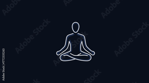 Glowing neon outline of a person meditating in lotus pose on a dark background, representing mindfulness, peace, and wellness.